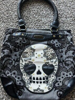 Loungefly Black White Skull Handbag Goth Day of the Dead Victorian Emo Grunge